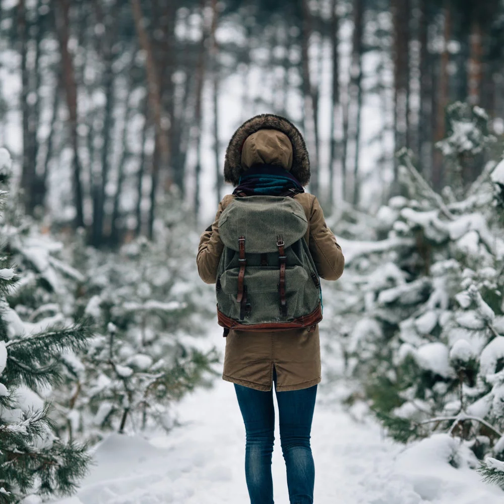Woman Warm Winter Jacket With Fur Hood Big Travel Rucksack Snowy Winter Forest